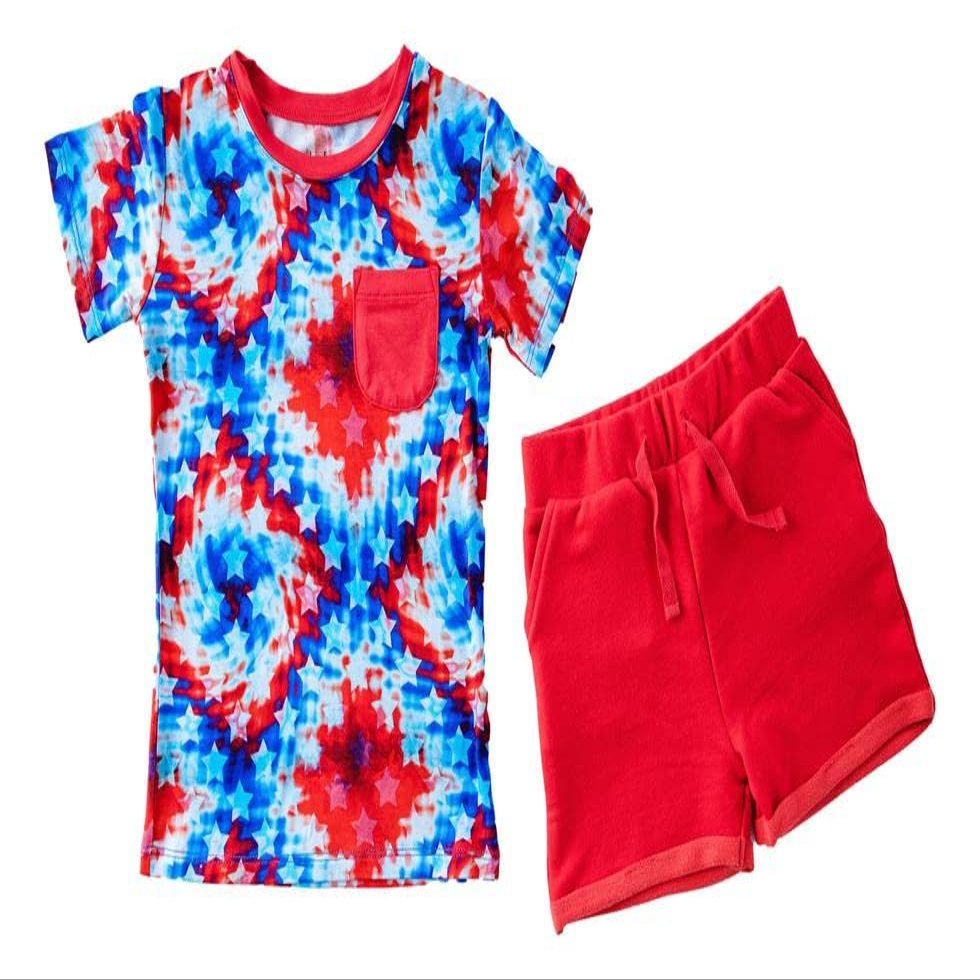 Birdie Bean Boy's Short Sleeve T-Shirt and Shorts Outfit Set - Maverick (Patriotic Tie Dye), 12-18 Months