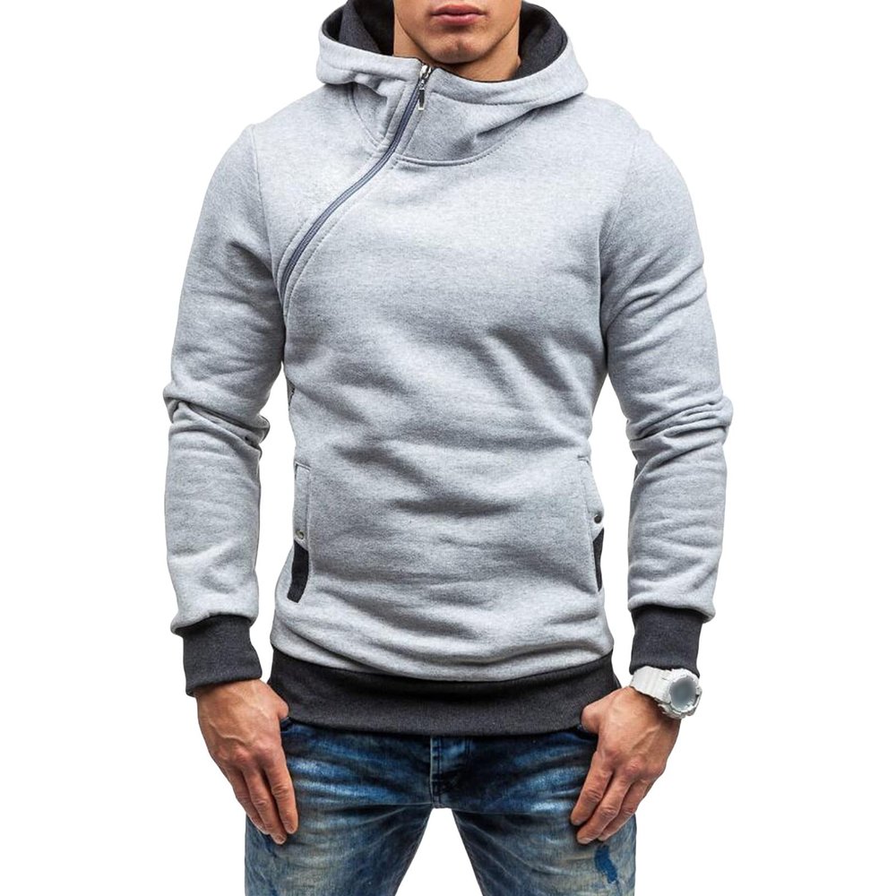 JEShifangjiusu Men Cool Casual Long Sleeve Oblique Zipper Hip Hop Hoodie Pullover Fashion Lightweight Sweatshirt With Pocket (Medium,Grey)
