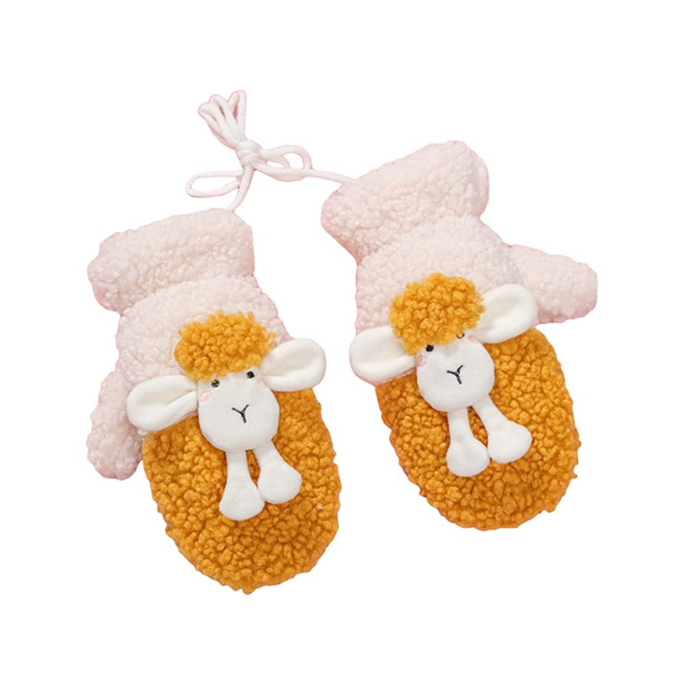 SLAKOP Cold Weather Gloves 3D Sheep Double Layer Winter Gloves Female Mittens Braided Rope Thick Thermal Plush Mittens (Yellow)