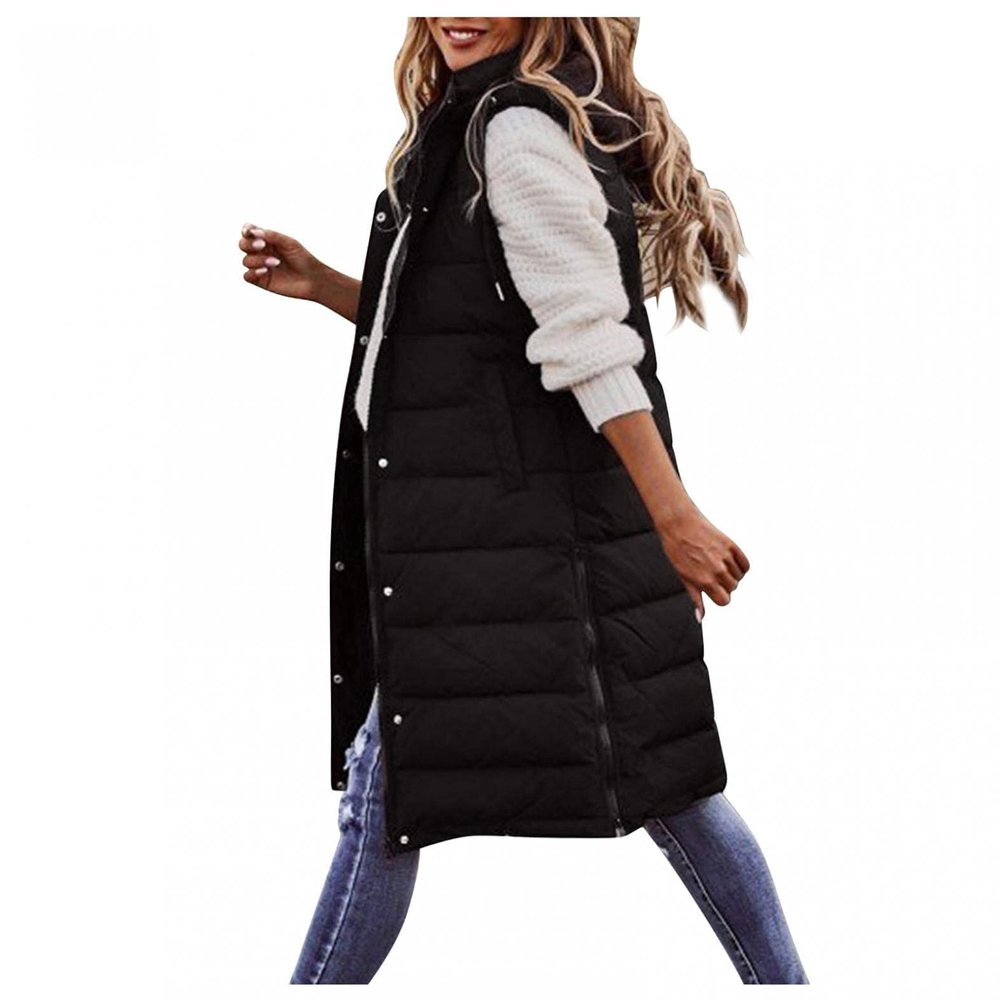 HINDOLA Women's Long Down Jacket Sleeveless Hooded Jacket Winter Warm Plus Size Slim Zipper Coats Outdoor Quilted Vest