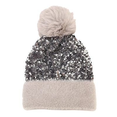 homeemoh Women Sequin Knitted Beanie Hat Soft Plush Lined Glitter Skull Cap Cuffed Beanie with Faux Fur Pom Pom,Gray