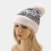 homeemoh Women Sequin Knitted Beanie Hat Soft Plush Lined Glitter Skull Cap Cuffed Beanie with Faux Fur Pom Pom,Gray view 2