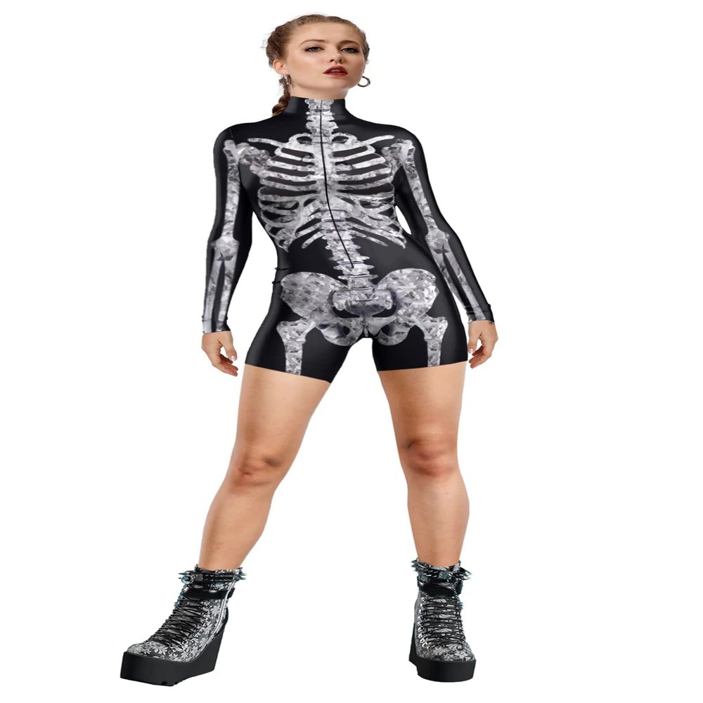 URVIP Women's Skeleton Printed Rompers Female Zipper Jumpsuit Shorts One Piece Romper Long Sleeve Outfits Gray Skeleton S