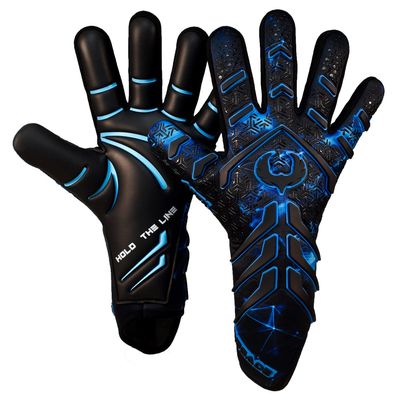 Renegade GK Apex Orion 2.0 Professional Strapless Goalie Gloves | 4mm EXT Contact Grip | Black & Blue Soccer Goalkeeping Gloves (Size 8, Youth-Adult, Evo Neg. Cut, Level 5.5)