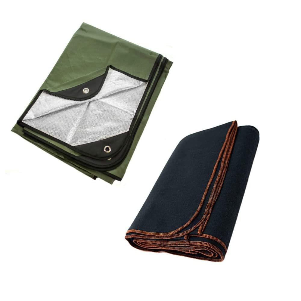 Arcturus Heavy Duty Survival Blanket in Olive Green - Insulated Thermal Reflective Tarp - 60" x 82" Bundle with Military Wool Blanket in Navy - 4.5 lbs, Warm, Thick, Washable, Large 64" x 88"