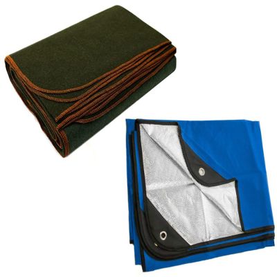 Arcturus Heavy Duty Survival Blanket in Blue - Insulated Thermal Reflective Tarp - 60" x 82" Bundle With Arcturus Military Wool Blanket in Olive Green - 4.5 lbs, Warm, Thick, Washable, Large 64" x 88"