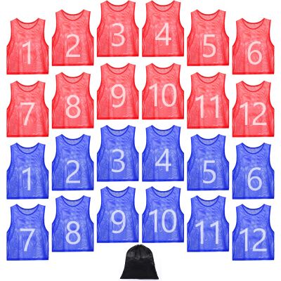 JenPen 24 Pcs Nylon Mesh Pinnies with Numbers Scrimmage Jerseys for Scrimmage Vest Soccer Bibs for Youth Adult with Carry Bag(Blue, Red)