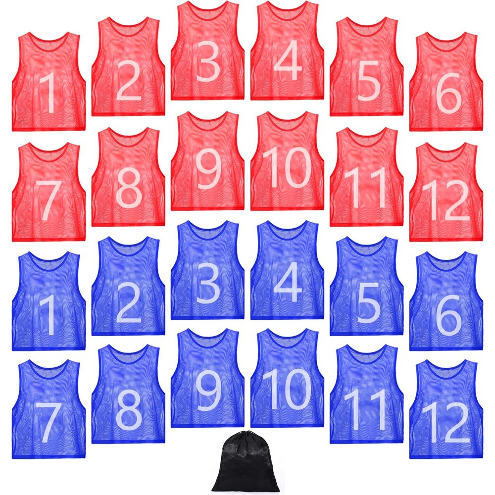 JenPen 24 Pcs Nylon Mesh Pinnies with Numbers Scrimmage Jerseys for Scrimmage Vest Soccer Bibs for Youth Adult with Carry Bag(Blue, Red)