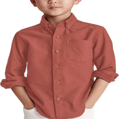 Boys' Long Sleeve Dress Shirts Classic Collared Button-Down Tshirt Solid Cotton Top with Chest Pocket Burgundy
