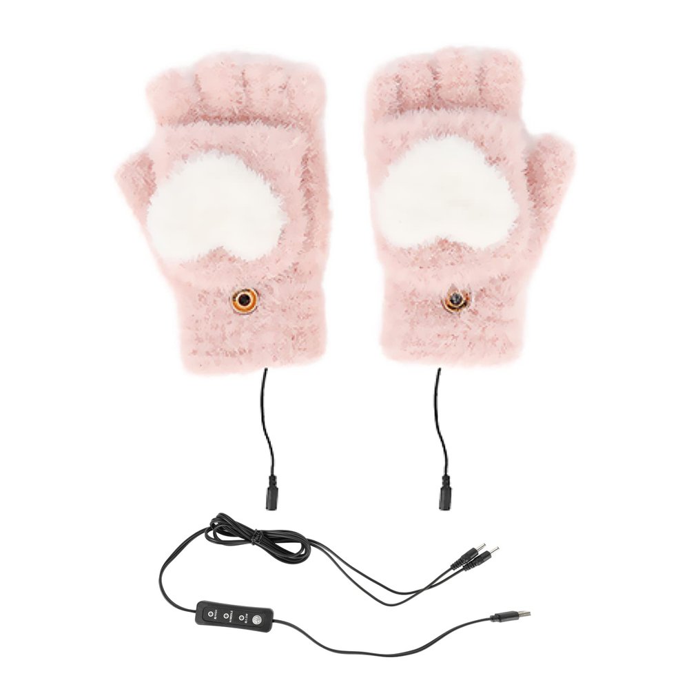 Firlar USB Heated Gloves, Plush Warm Warm Hand Warmer Gloves for Men and Women Laptop Gloves Half Finger USB Heated Warm Gloves for Cycling Office Winter Gifts,Pink