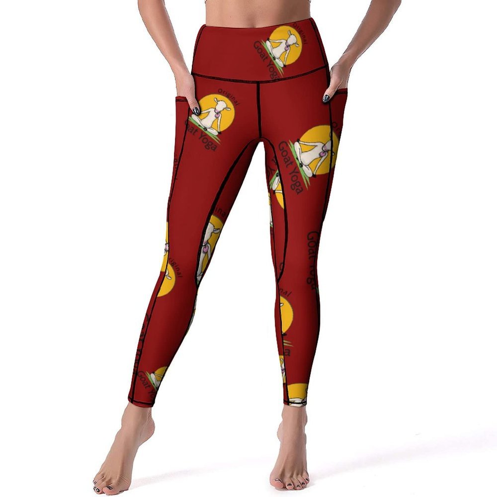 Goat Yoga Yoga Pants High Waisted Yoga Capris with Pockets Tummy Control Compression Leggings for Workout L