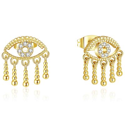 14K Gold Plated Evil Eye Stud Earrings | Diamond Accent Evil Eye with Tear Statement Earrings