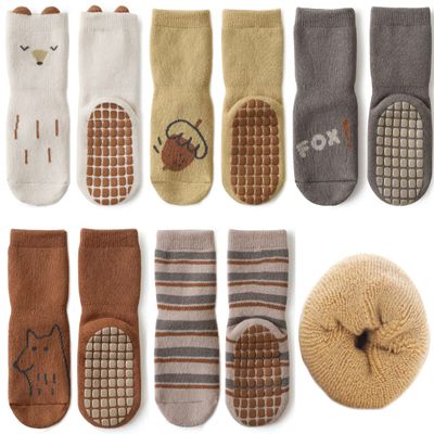Exegawe Baby Non Slip Socks Winter - 5 Pairs Toddler Kids Thick Warm Crew Socks with Grips for Girls Boys Non Skid Socks(C1-5 Colors,S/6-12 months)