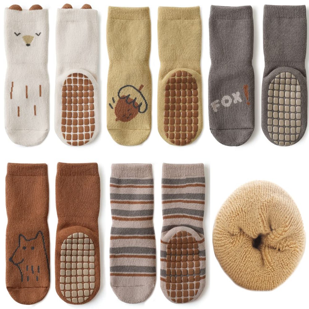 Exegawe Baby Non Slip Socks Winter - 5 Pairs Toddler Kids Thick Warm Crew Socks with Grips for Girls Boys Non Skid Socks(C1-5 Colors,S/6-12 months)