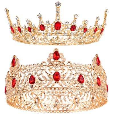 2 Pieces Prom King and Queen Crown Set King Crowns for Men Royal Crown with Red Rhinestone Crystal Crowns for Men Women Princess Tiara Costume Headwear for Wedding Birthday Party Costume