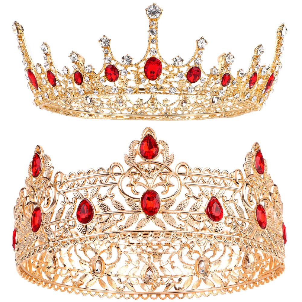 2 Pieces Prom King and Queen Crown Set King Crowns for Men Royal Crown with Red Rhinestone Crystal Crowns for Men Women Princess Tiara Costume Headwear for Wedding Birthday Party Costume
