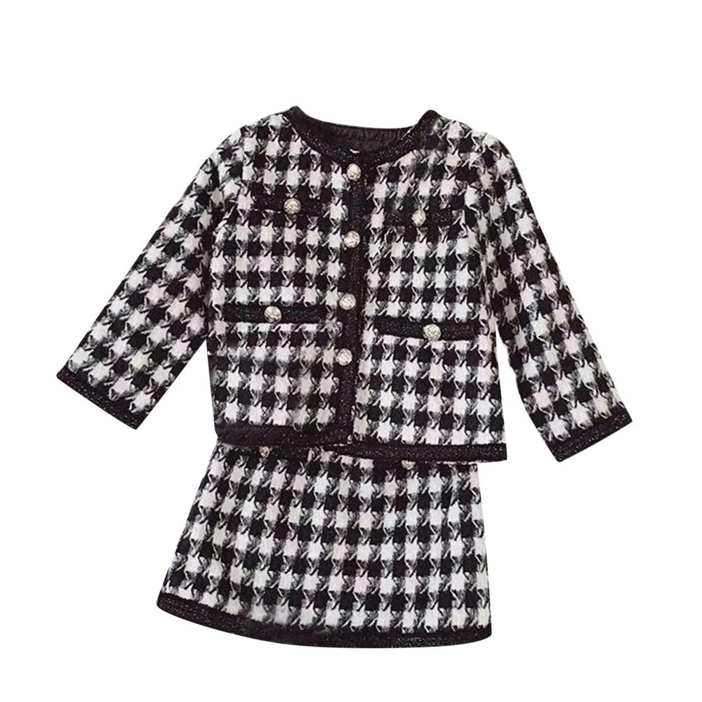 Children Kids Toddler Infant Baby Girls Long Sleeve Patchwork Coat Jacket Outer Plaid Skirt Outfit (Black, 18-24 Months)