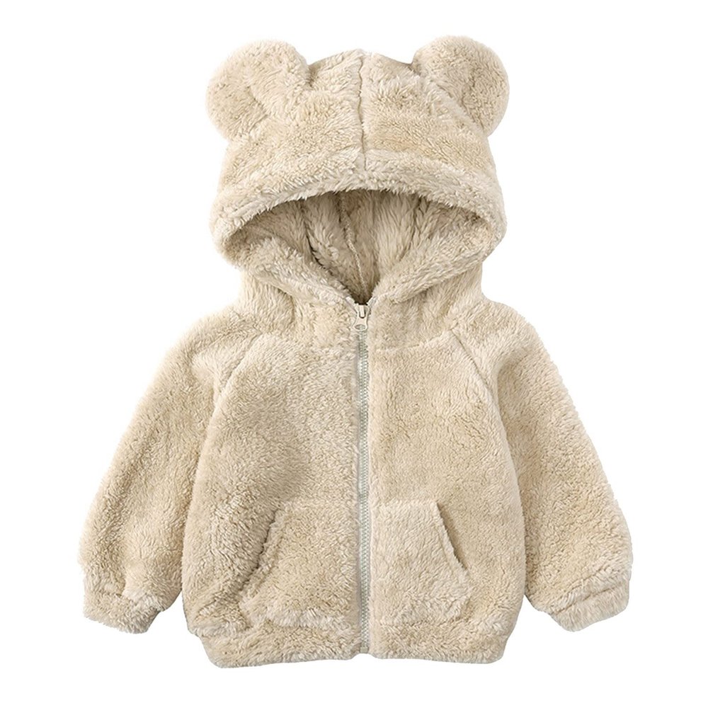 Toddler Kids Girls Boys Full Zip Up Fleece Hooded Jacket Coat Bear Ear Long Sleeve Thick Boys Zip (Beige, 12-24 Months)