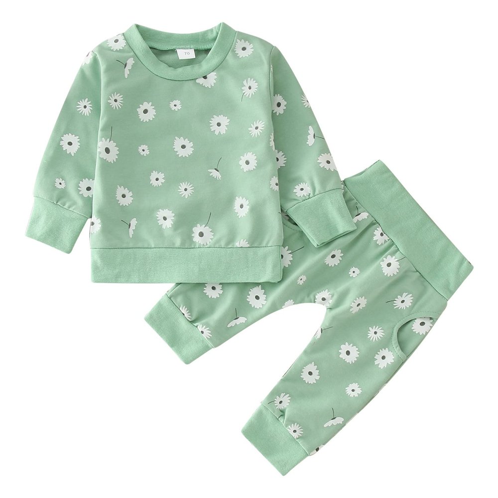 Newborn Infant Baby Girls Cotton Print Flower Autumn Dinosaur Long Sleeve Pants Squiggles Baby (Green, 9-12 Months)