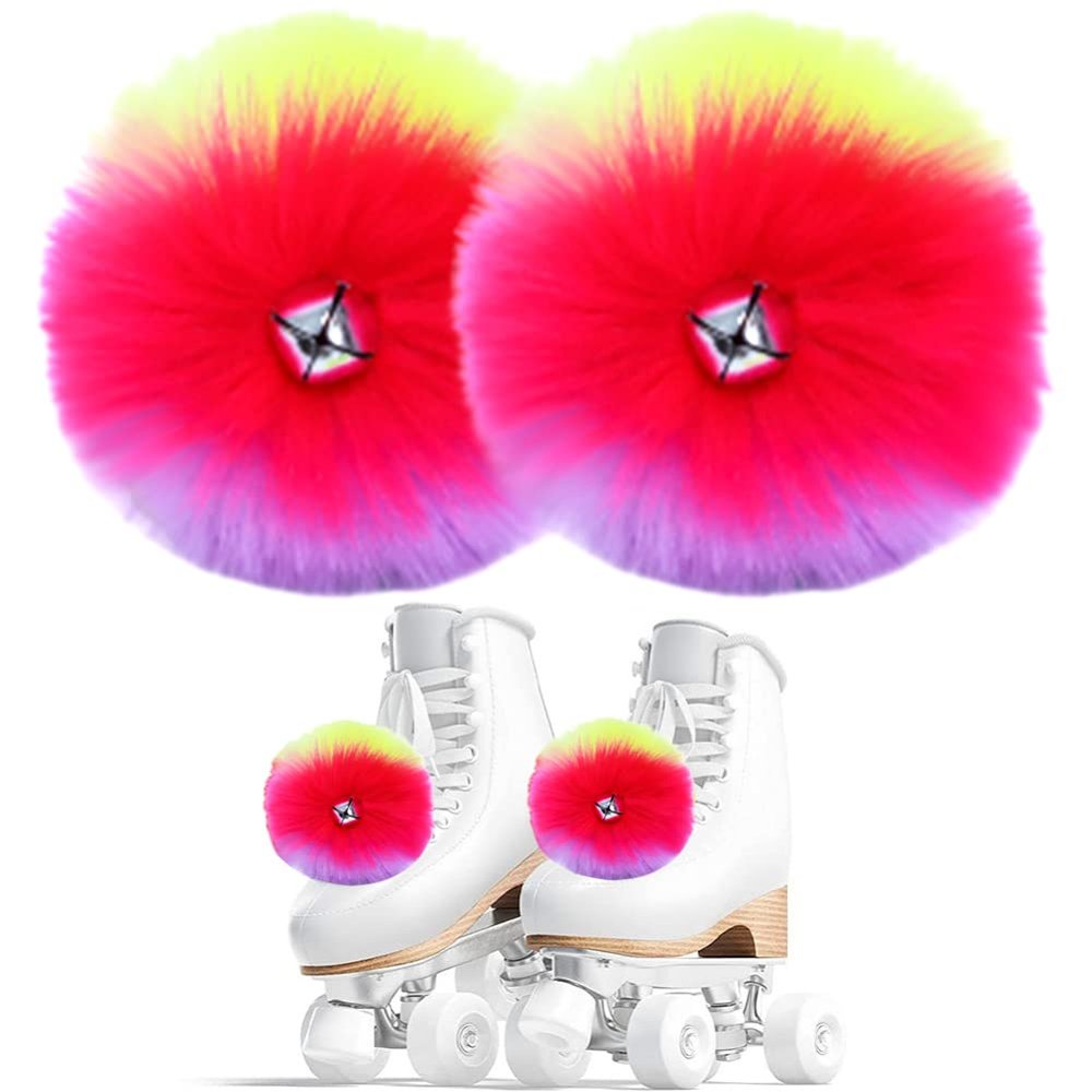 2 Pieces Roller Skate Pom Poms for Women Girls Princess Tie-on Ice Skate Pompom Puff Balls with Jingle Bells Fuzzy Pom Poms for Quad Roller Skate Accessories