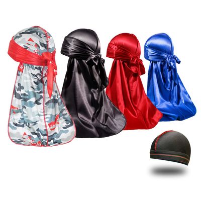 4PCS Silky Durags for Men 360 Waves, Designer Do Rag, 1 Wave Cap (CamouGray Blue Black Red)