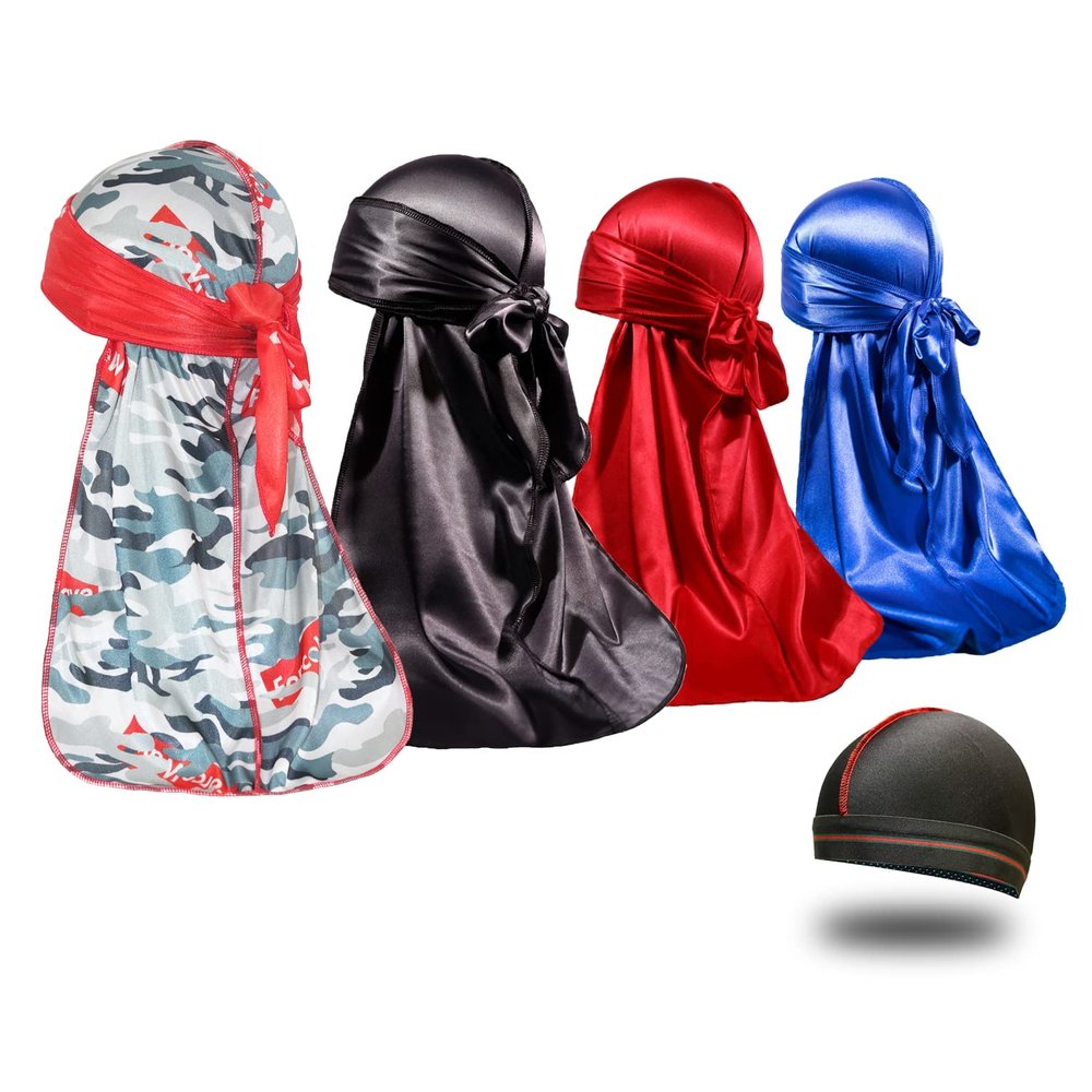 4PCS Silky Durags for Men 360 Waves, Designer Do Rag, 1 Wave Cap (CamouGray Blue Black Red)