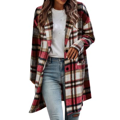 Women's Casual Woolen Long Plaid Jackets Button Up Trendy 2022 Fall Flannel Shacket Jacket Oversized Lapel Coats Cardigan B-Khaki