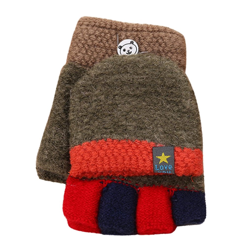 Toddler Soft Convertible Flip Top Fleece Color Block Gloves Kids Baby Boys Girls Winter Warm Knit (Brown, One Size)