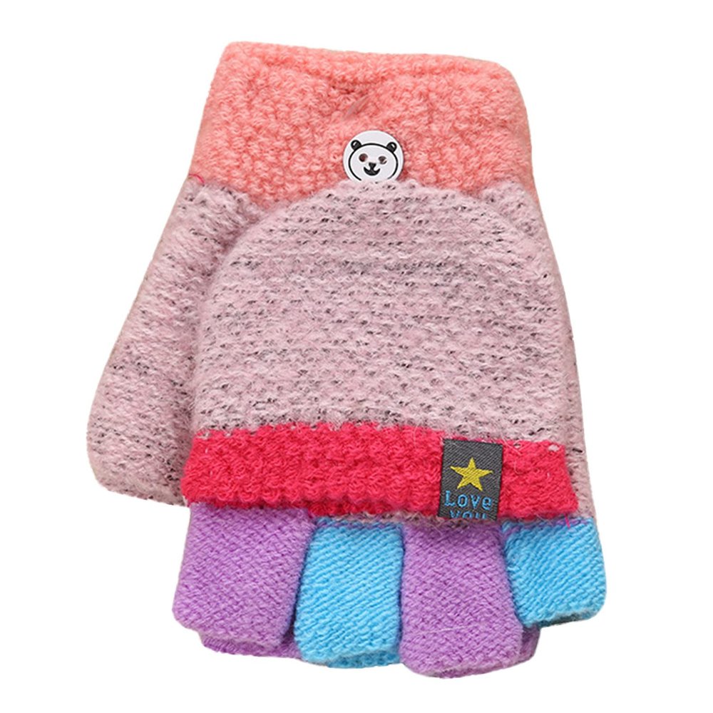 Toddler Soft Convertible Flip Top Fleece Color Block Gloves Kids Baby Boys Girls Winter Warm Knit (Pink, One Size)