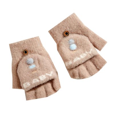 Cartoon Convertible Flip Top Gloves Toddler Kids Winter Wool Knit Fingerless Gloves with Mitten Cover (Khaki, One Size)