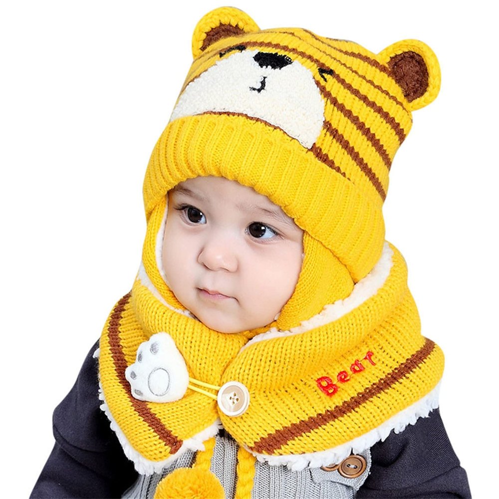 Baby Boy Girl Winter Hat Toddler Bear Ear Cap Beaniess Hat With Scarf Fleece Lined Knitted Cap (Yellow, One Size)