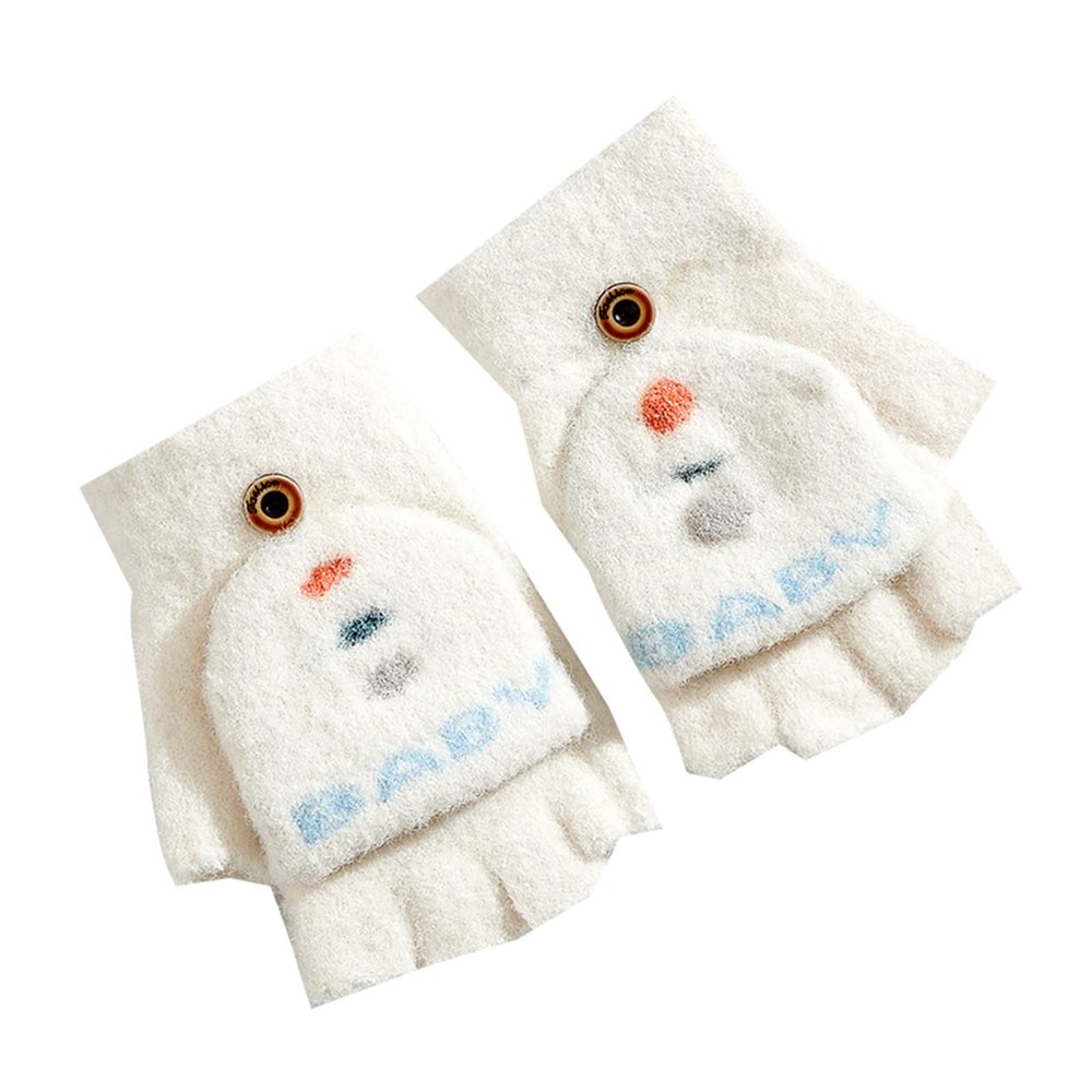 Cartoon Convertible Flip Top Gloves Toddler Kids Winter Wool Knit Fingerless Gloves with Mitten Cover (White, One Size)