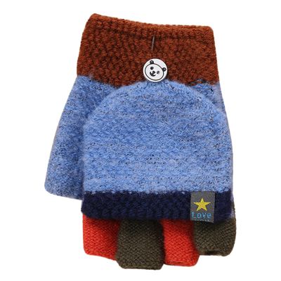 Toddler Soft Convertible Flip Top Fleece Color Block Gloves Kids Baby Boys Girls Winter Warm Knit (Blue, One Size)