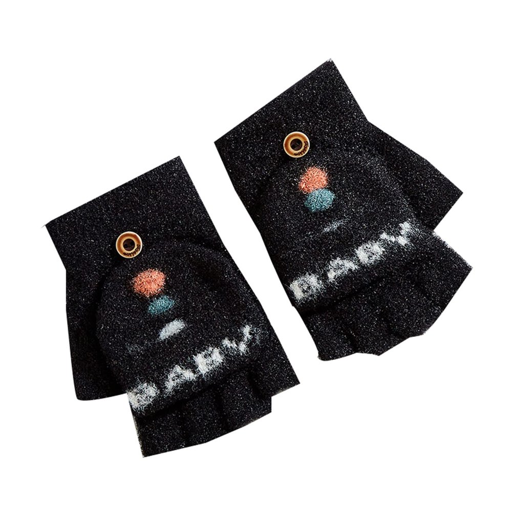 Cartoon Convertible Flip Top Gloves Toddler Kids Winter Wool Knit Fingerless Gloves with Mitten Cover (Black, One Size)