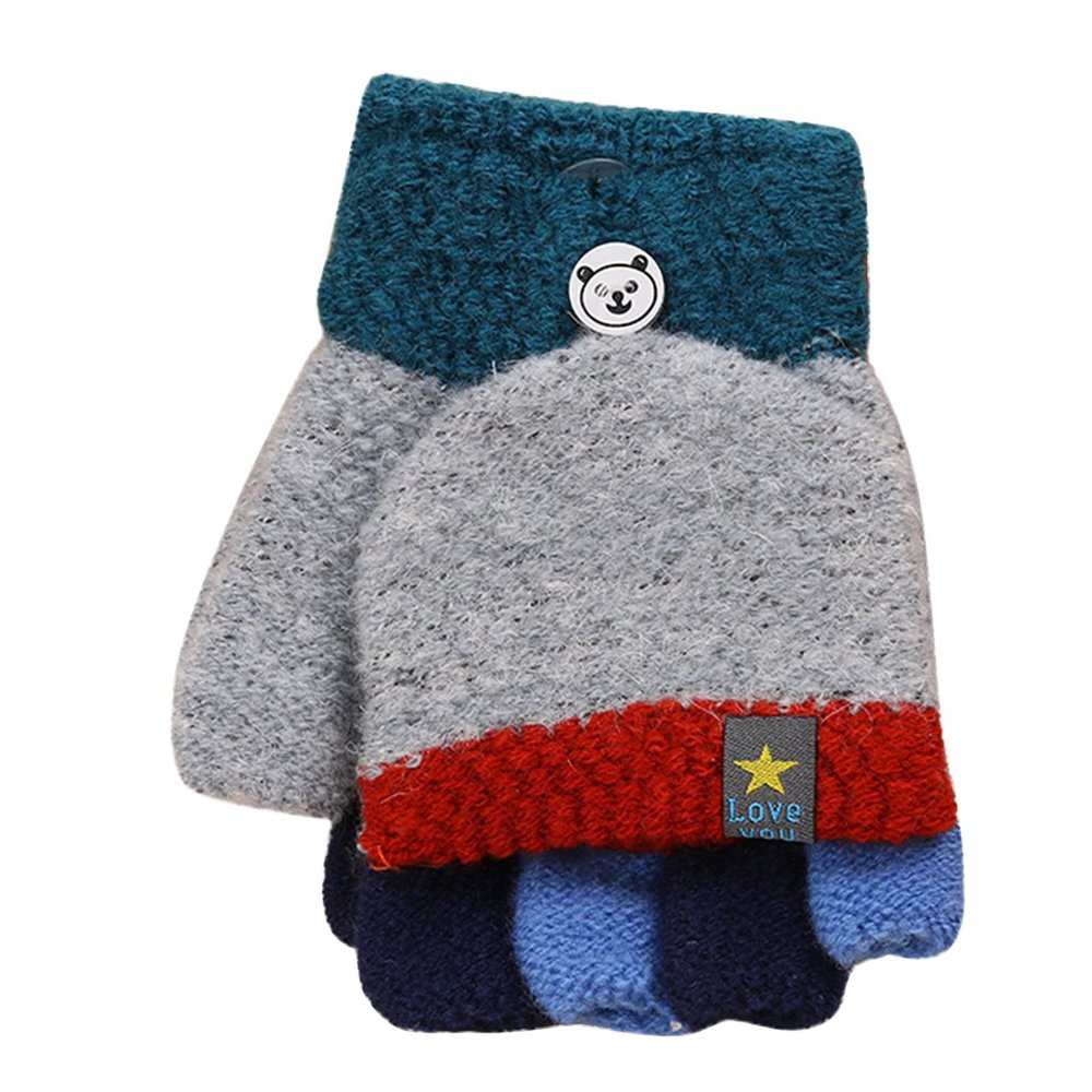 Toddler Soft Convertible Flip Top Fleece Color Block Gloves Kids Baby Boys Girls Winter Warm Knit (Grey, One Size)