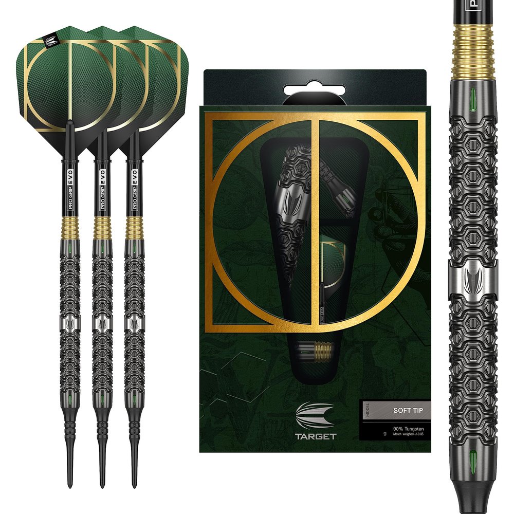 Target Darts Cult 11 19G 90% Tungsten Soft Tip Darts Set, Black, Green and Gold (CULTSOFT)