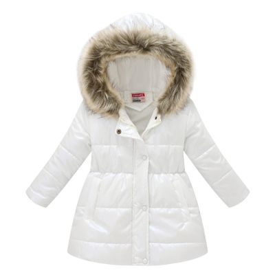 winying Kids Girls Medium Long Puffer Jacket Metallic Glitter Long Sleeve Winter Coat with Faux Fur Hooded White 5-6 Years