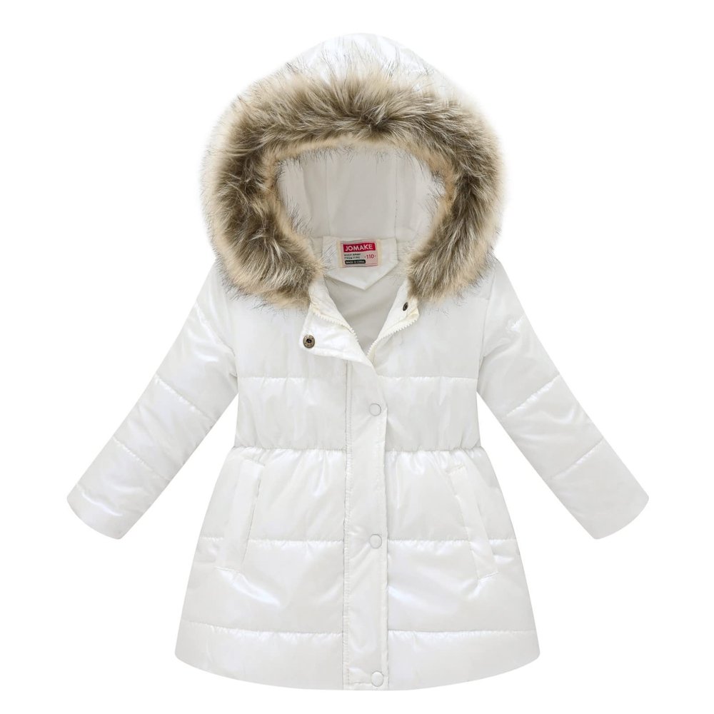 winying Kids Girls Medium Long Puffer Jacket Metallic Glitter Long Sleeve Winter Coat with Faux Fur Hooded White 5-6 Years