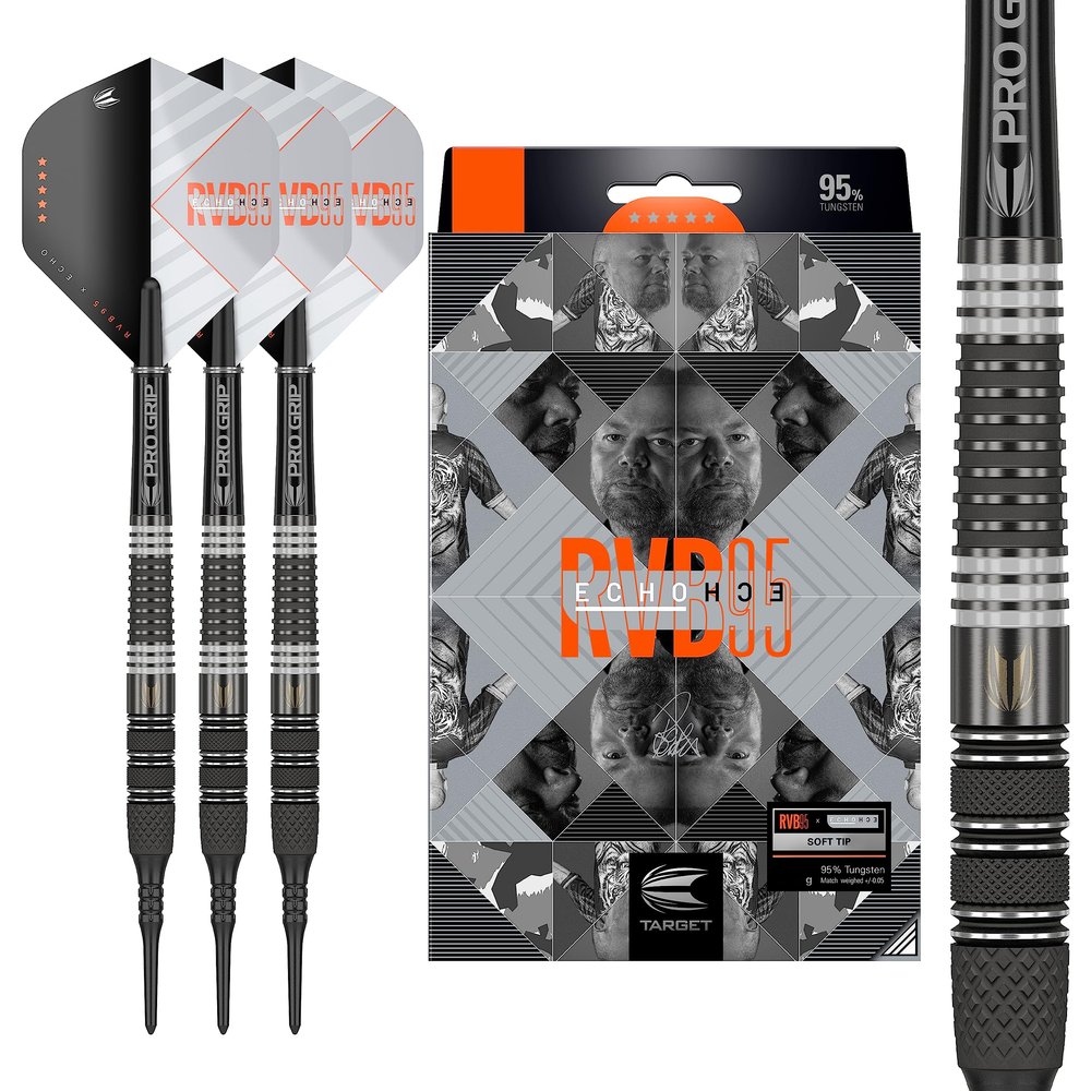 Target Darts RVB x Echo 18G 95% Tungsten Soft Tip Darts Set, Black and Grey (RVBXECHOSOFT)