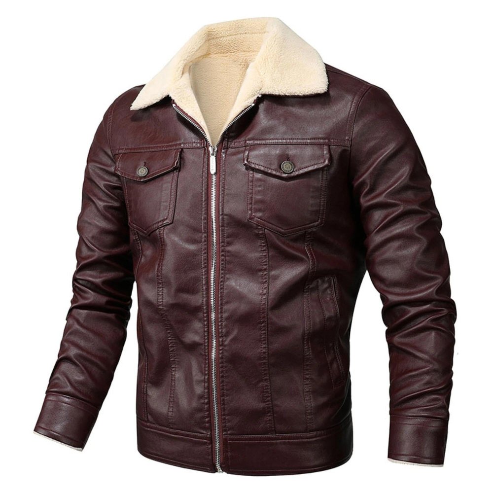Men Sherpa Lined Faux Leather Jacket Winter Fleece Lapel Motorcycle Coat Vintage Fur Collar Jacket Leather Jacket (Brown,4X-Large)