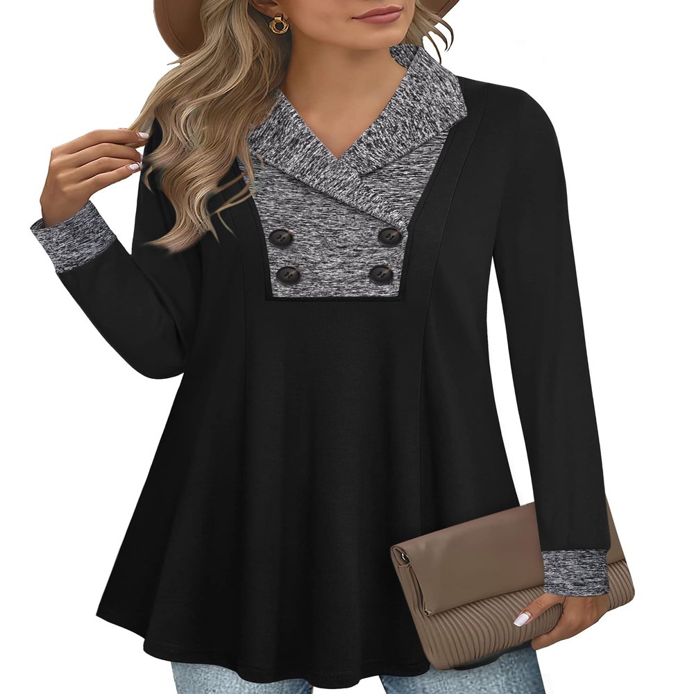 Bebonnie Womens Fall Fashion 2024, Ladies Sweaters Long Sleeve Casual Business Notch V Neck Work Outfits for Women Office Sweatershirts Pullover Tunic Tops to Wear with Leggings Multicolor Black L
