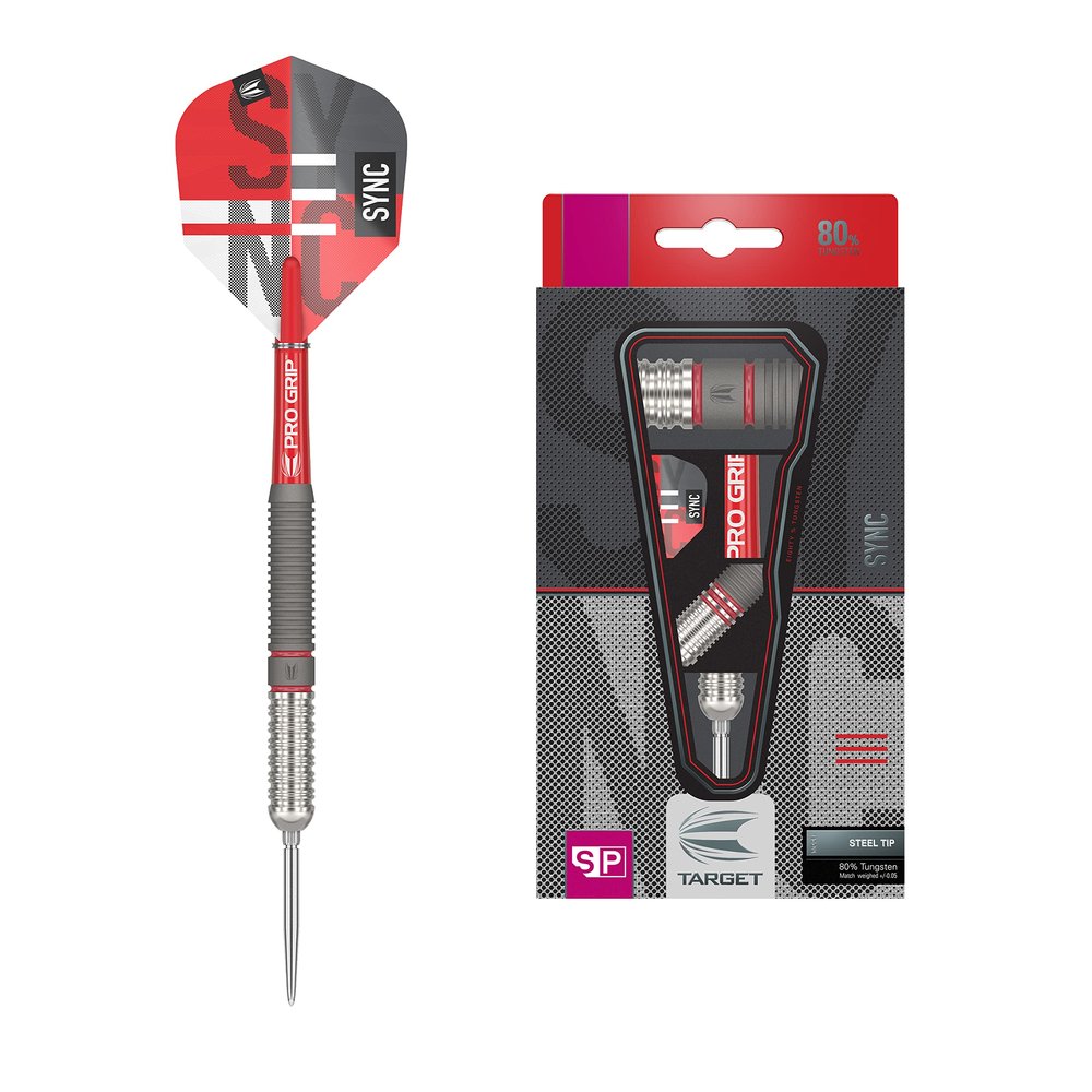 Target Darts Sync 01 23G 80% Tungsten Swiss Point Steel Tip Darts Set, Red, Silver and Black