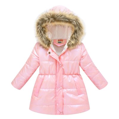winying Kids Girls Medium Long Puffer Jacket Metallic Glitter Long Sleeve Winter Coat with Faux Fur Hooded Pink 7-8 Years
