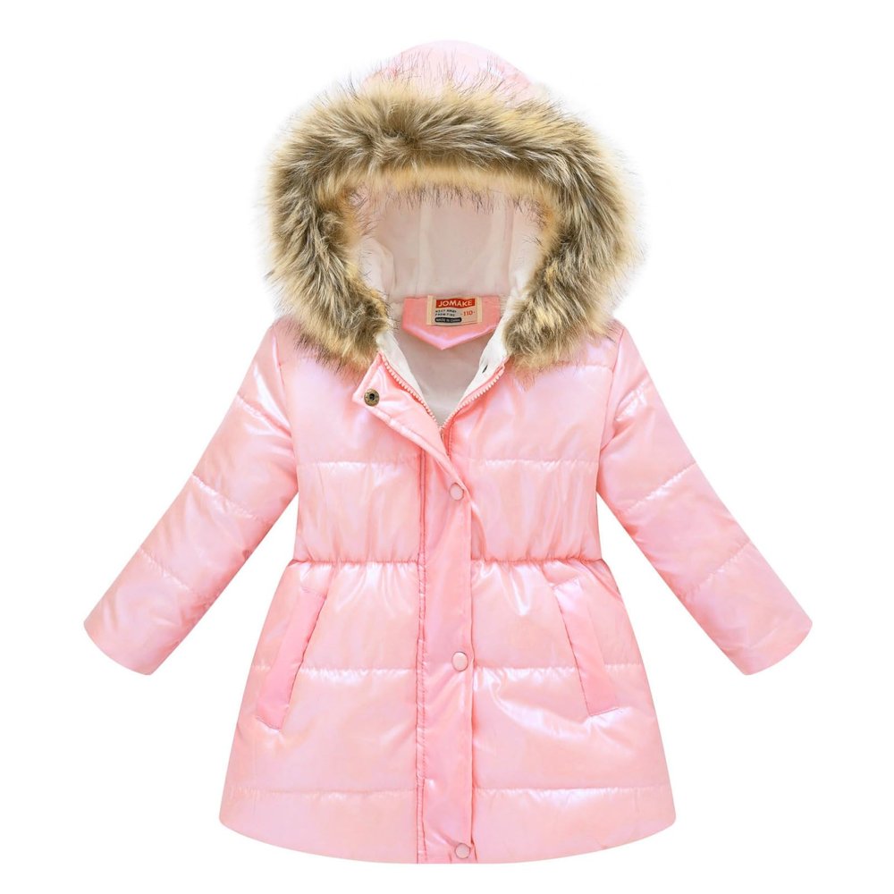 winying Kids Girls Medium Long Puffer Jacket Metallic Glitter Long Sleeve Winter Coat with Faux Fur Hooded Pink 7-8 Years
