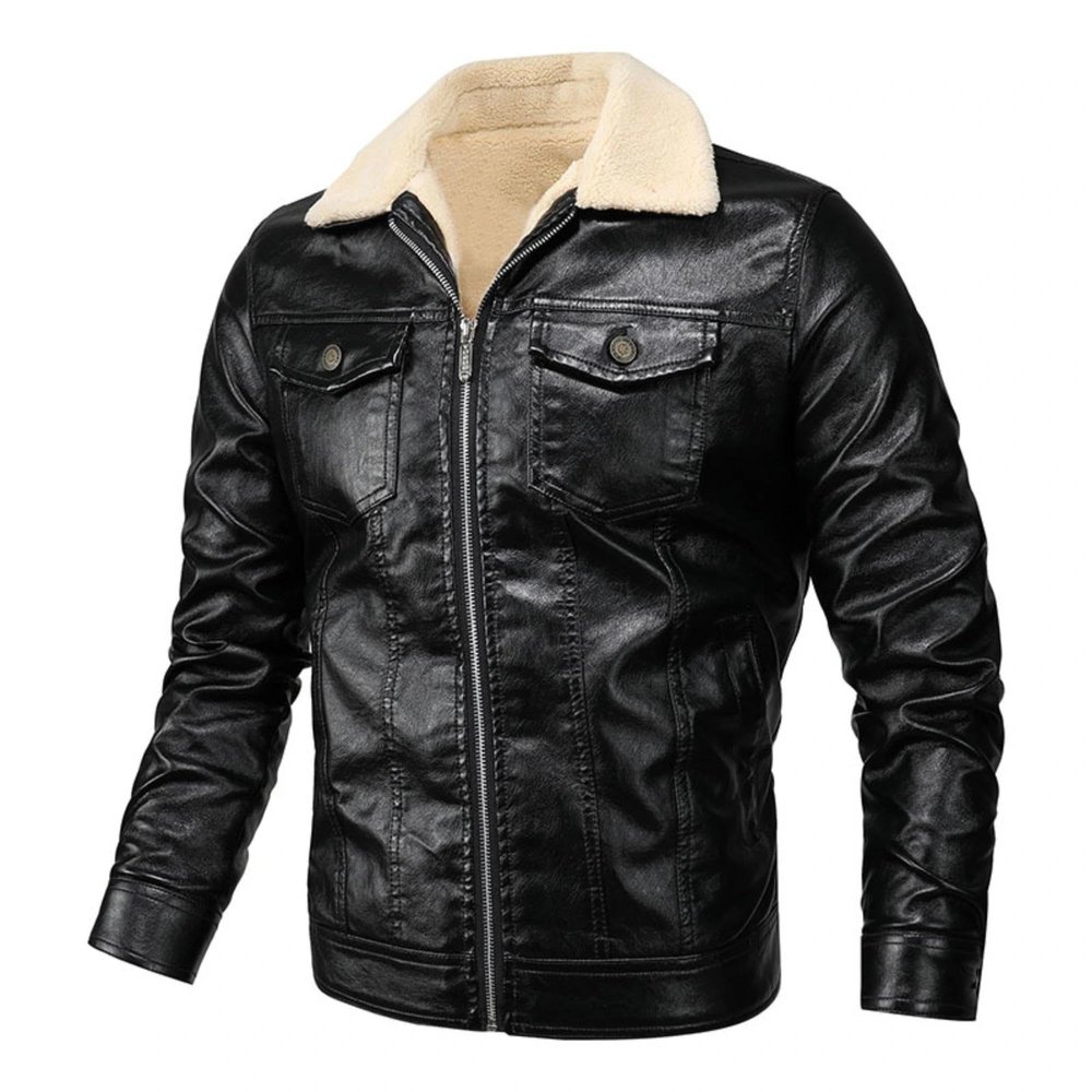 Maiyifu-GJ Men Sherpa Lined Faux Leather Jacket Winter Fleece Lapel Motorcycle Coat Vintage Fur Collar Jacket Leather Jacket (Black,XX-Large)