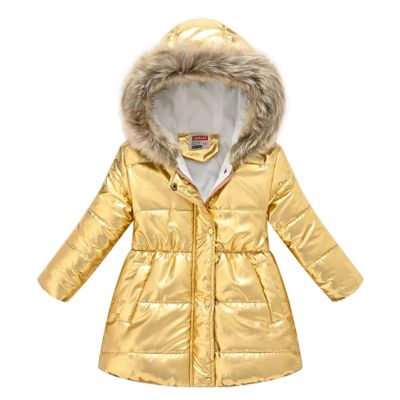 Oyolan Kids Girls Metallic Shiny Jacket with Faux Fur Hooded Trim Zipper Winter Windproof Outwear Gold 11-12 Years