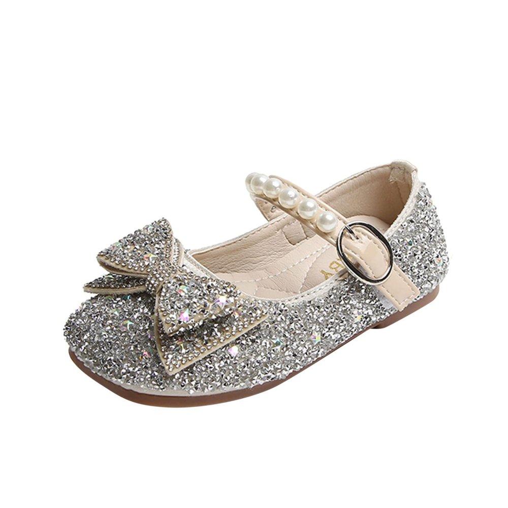 Fashion Autumn Girls Casual Shoes Rhinestone Sequin Bow Buckle Dress Shoes Dance Shoes (Silver, 2-2.5 Years Toddler)