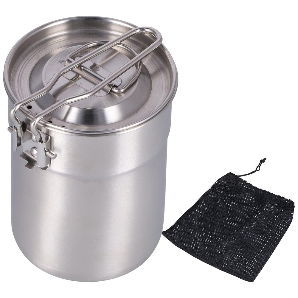 Beufee Stainless Steel Camping Pot, 1L Outdoor Coffee Maker Cup French Press Coffee Maker Camping Cooking Pot with Foldable Handle Lid for Hiking