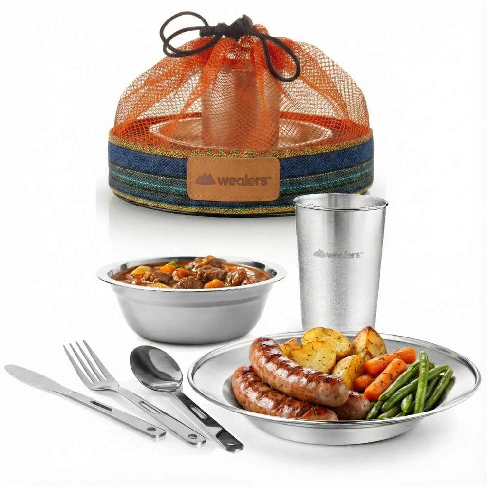 Unique Complete Messware Kit Polished Stainless Steel Dishes Set| Tableware| Dinnerware| Camping| Buffet| Includes - Cups | Plates| Bowls| Cutlery| Comes in Mesh Bags (Single Person Set Orange)