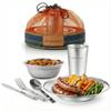 Unique Complete Messware Kit Polished Stainless Steel Dishes Set| Tableware| Dinnerware| Camping| Buffet| Includes - Cups | Plates| Bowls| Cutlery| Comes in Mesh Bags (Single Person Set Orange) view 1
